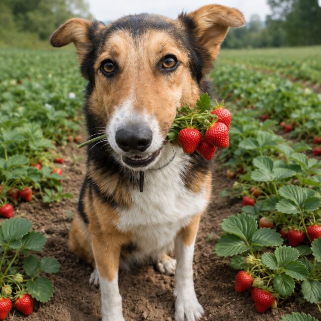 Hund mit Erdbeeren